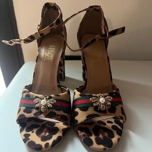 Rouge Helium Animal Print Heels with Gold Bee Accents